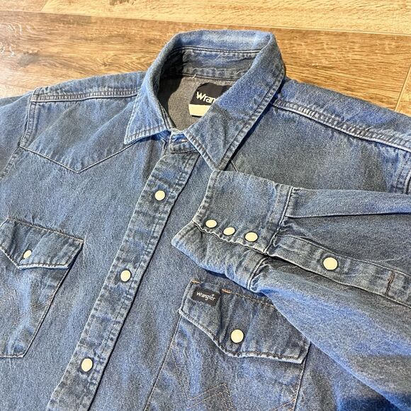 Vintage Wrangler Denim Western Shirt Mens XL Pearl Snap Long Sleeve Cowboy - Picture 1 of 10